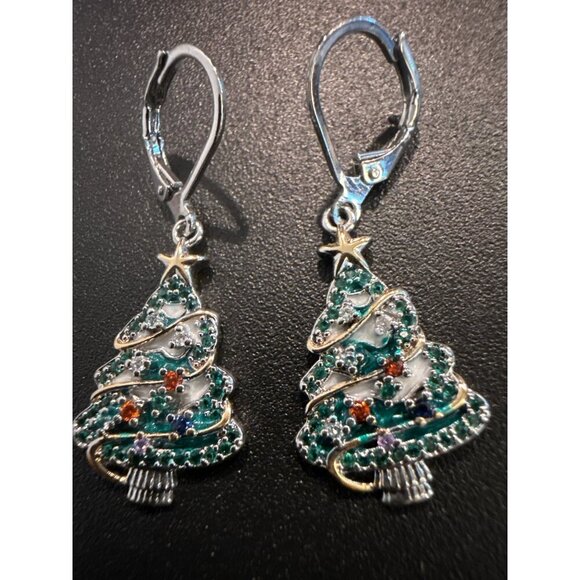 Christmas Tree Earrings With Colorful Rhinestones & Leverback Closure - Picture 1 of 6